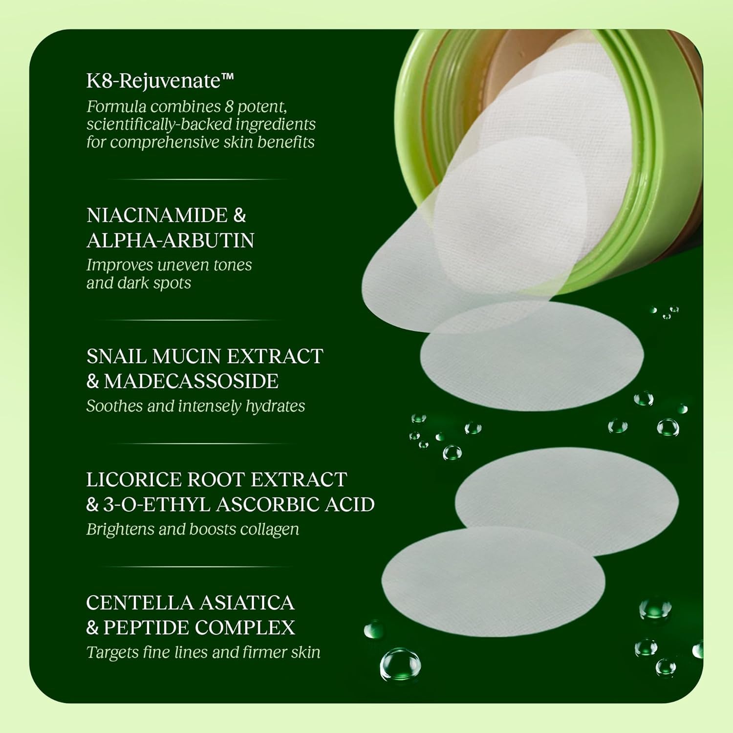 Jiyu Toning Polish Pads - Korean Skincare for Dark Spots, Wrinkles & Dull Skin - Hydrating Facial Treatment with Snail Mucin, Niacinamide, Peptides & Centella - 100 Count (Ships to USA Only)