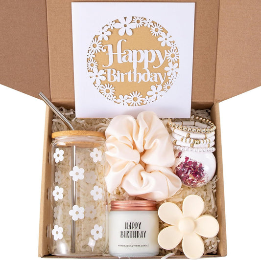 Glass Souvenir Gift Set – Birthday Gift Box with Glass Cup, Bracelet Stack, Candle & Bath Bomb