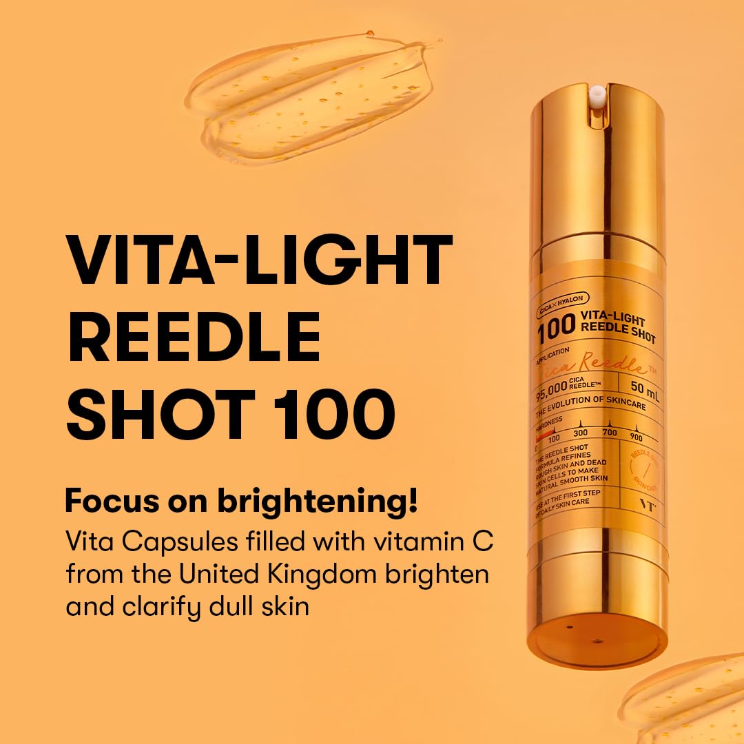 VT COSMETICS Vita-Light Reedle Shot 100 Serum with Vitamin C Capsules & Vitamin E Microneedling Formula, Korean Skin Booster, 1.69 Fl Oz(50Ml)