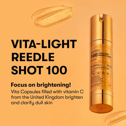 VT COSMETICS Vita-Light Reedle Shot 100 Serum with Vitamin C Capsules & Vitamin E Microneedling Formula, Korean Skin Booster, 1.69 Fl Oz(50Ml)