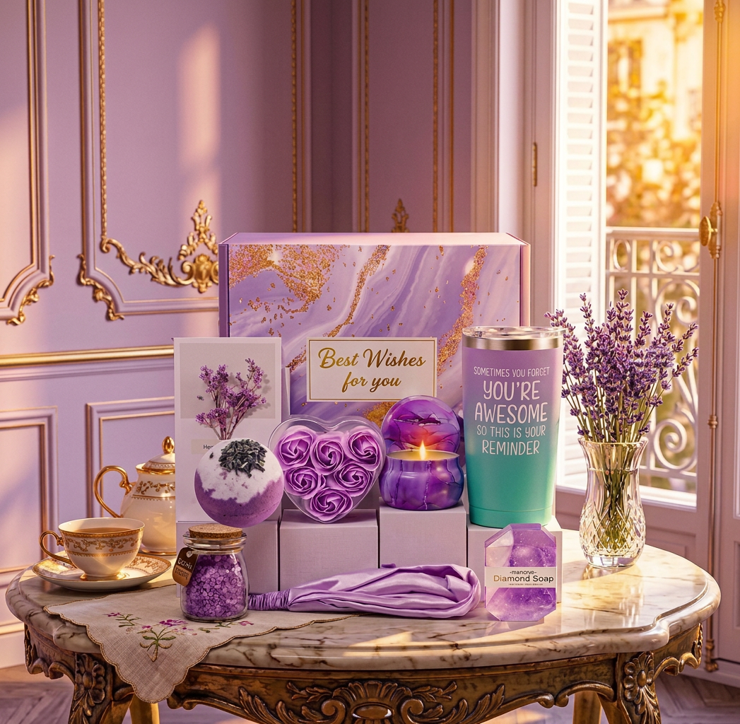Lavender Spa Gift Box – 10‑Piece Tumbler, Candle & Bath Self‑Care Set for Women