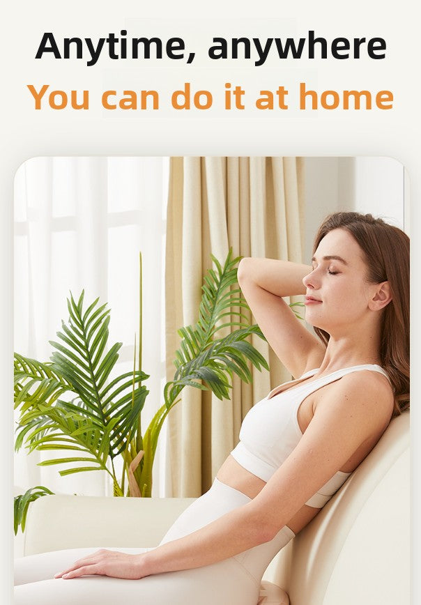 Woman relaxing on a couch with text 'Anytime, anywhere. You can do it at home.'