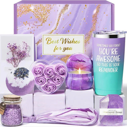 Lavender Spa Gift Box – 10‑Piece Tumbler, Candle & Bath Self‑Care Set for Women