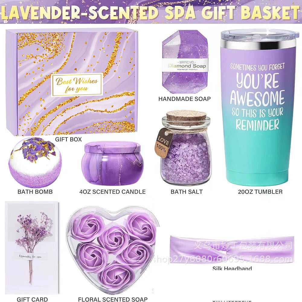 Lavender Spa Gift Box – 10‑Piece Tumbler, Candle & Bath Self‑Care Set for Women