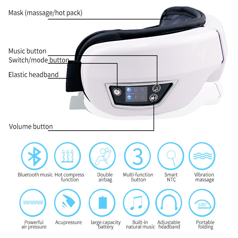 6D Smart Eye Massager – Heated Vibration Eye Mask with Air Compression & Bluetooth Music